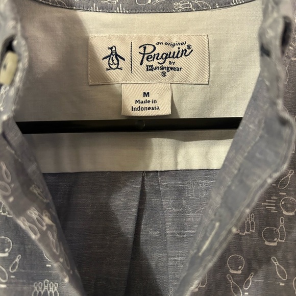Original Penguin Button Down Long Sleeve Shirt Bowling Print Size Medium Blue - Picture 3 of 3
